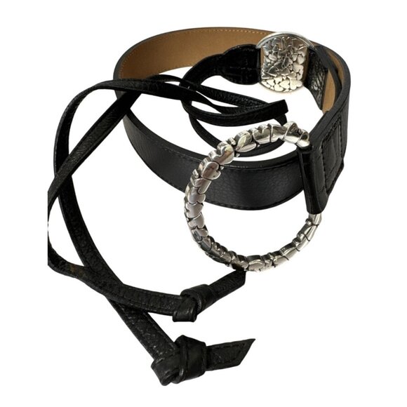 Brighton Black Leather Belt With Silver-Tone Textured Oval Buckles & Adjustable - Picture 1 of 6